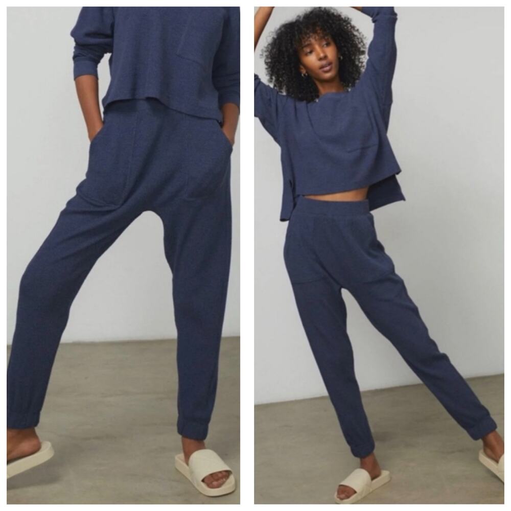 Lunya Restore Thermal Draped Jogger Medium Blue Waffle Knit Lounge Pants Comfort